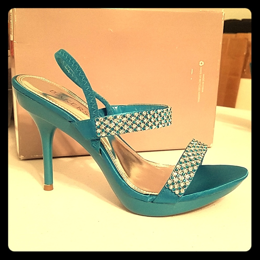 Teal Satin Heels with Rhinestones